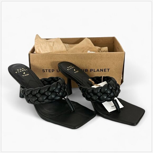 Qupid Black Braided JayLove-13S One Planet Vegan Thong Heel Sandals NEW 6.5 - Picture 4 of 7
